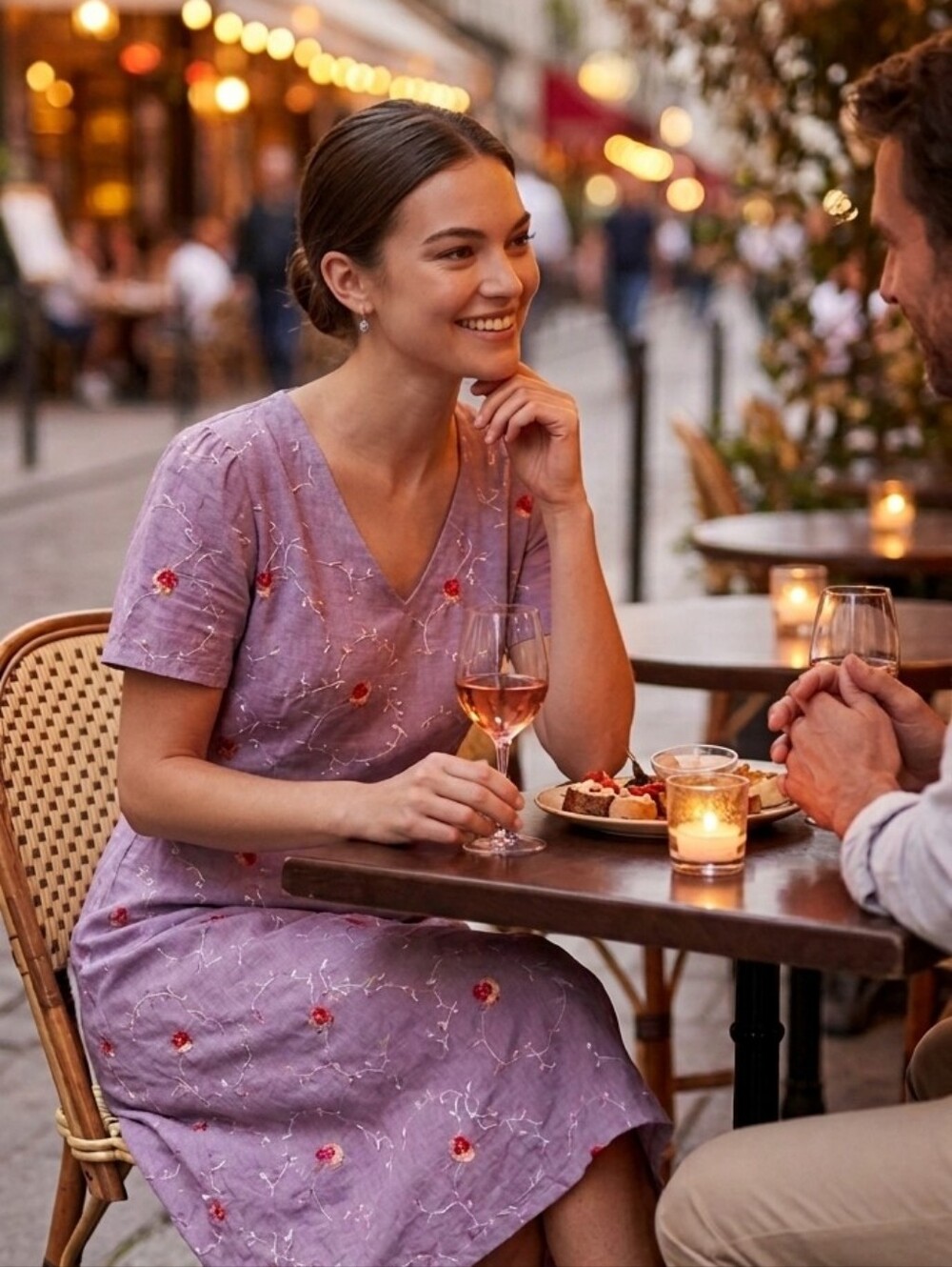 April Cornell Lavender Floral Midi Dress with Red Accents